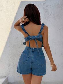 Sunnyshic Bow Tie Backless Ruffle Hem Denim Romper - Blue - View 2
