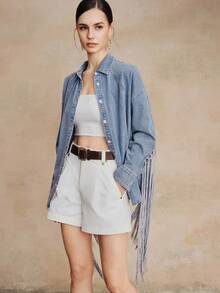 Anewsta Women's Elegant Romantic Fringe Trim Long Sleeve Shirt, Suitable For Parties, Vacations, Casual Wear, Spring/Summer - Blue - View 5