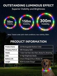 PETSIN 1pc Rechargeable Luminous Pet Collar, 4 Lighting Modes: Steady, Fast Flashing, Slow Flashing, Flowing, Suitable For Pets' Night Activity, Can Be Cut To Fit - Multicolor - View 4