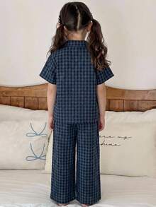 Dazy Kids Girls' Plaid Embroidered Long Sleeve Top And Pants Loungewear Set, Fall - Navy Blue - View 2