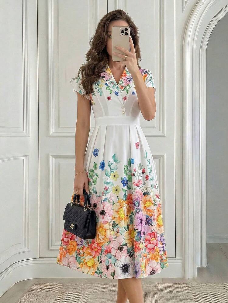 Elegant White Floral Midi Dress For Women – V-Neck Short Sleeve Buttoned A-Line Dress With Vibrant Multicolor Flower Print, Perfect For Summer & Spring, Ideal For Wedding Guest, Party, Vacation, Beach, Going Out, And Festival Occasions,Graduation Outfit For Mother,Summer Outfits For Women