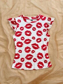 Soleia Women's Lip Print Bandeau Top, Fashionable Versatile With Flutter Sleeves,Summer, Festival, Graduation,Vacation,Work, Beach,Summer Top - Multicolor - View 5
