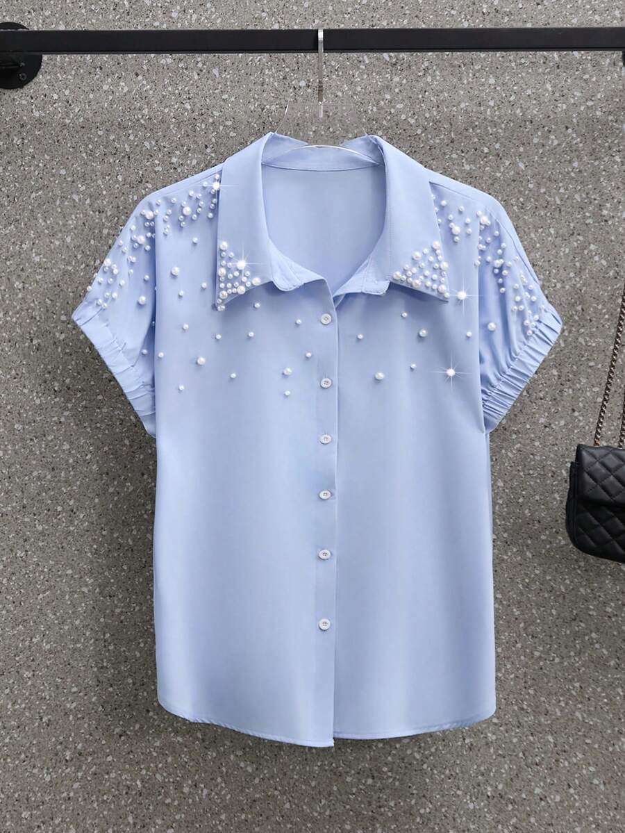 GlowEve CURVE 大码女式衬衫，褶皱袖口饰以珍珠，优雅外出上衣 - 藍色 - 查看 1