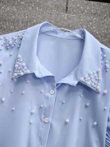 GlowEve CURVE 大码女式衬衫，褶皱袖口饰以珍珠，优雅外出上衣 - 藍色 - 查看 4