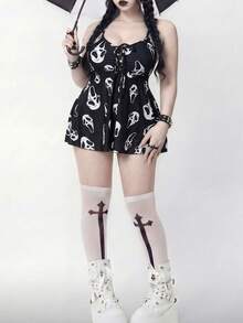 ROMWE Goth Conjunto de traje de baño de 2 piezas con estampado de calavera talla grande 2026, conjunto de vacaciones de verano para mujer - Blanco y Negro - Ver 3