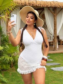 Swim Vcay Plus Size Women Deep V-Neck Ruched Elegant Cinched Waist Shoulder Swimsuit Dress - White - View 1