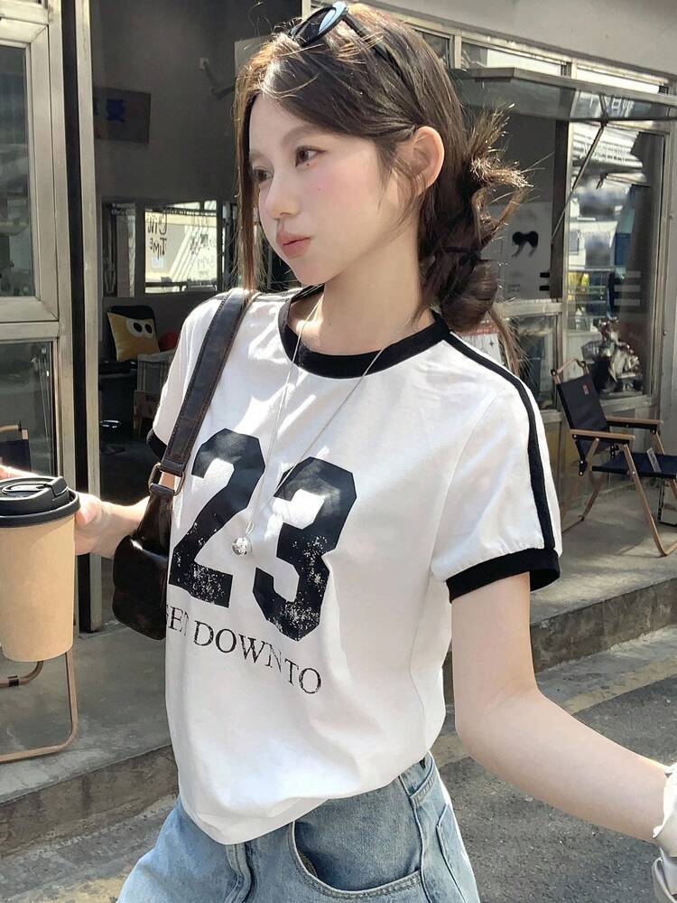 Women's Splicing Letter Decorative Fitted Casual Street Sporty Teen Casual Short Sleeve T-Shirt Preppy Tops