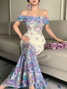 DAZY 女士优雅性感休闲长款印花露肩短袖连衣裙，夏季 - 綠色 - 查看 2