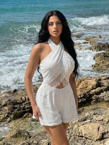 SHEIN SXY 波西米亚风露背流苏装饰纯色休闲连体裤 - 白色 - 查看 3