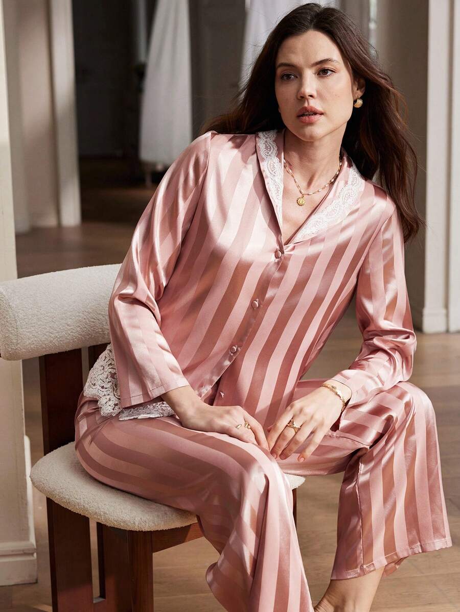 Women's Elegant Romantic High-End Lace Trim Striped Jacquard Satin Comfortable Sleepwear Set - Pink - View 1