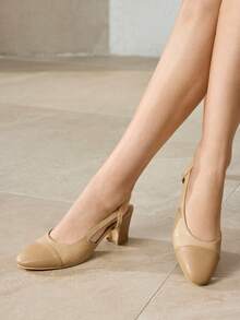 MOTF Zapatos de mujer de nuevo estilo europeo y americano con empalme de aire lateral, punta redonda y tacón medio grueso, color albaricoque, versátil, cómodo, casual, elegante y clásico de moda con tacones altos - Albaricoque oscuro - Ver 7