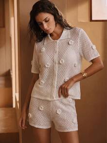 Swim Chiccia New Knitted French Romantic Crochet Texture Short Sleeve Top + Shorts Women Coverup Set - White - View 1