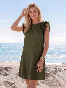 Sylviya Solid Color Ruffle Trim Vacation Mini Dress For Women - Army Green - View 5
