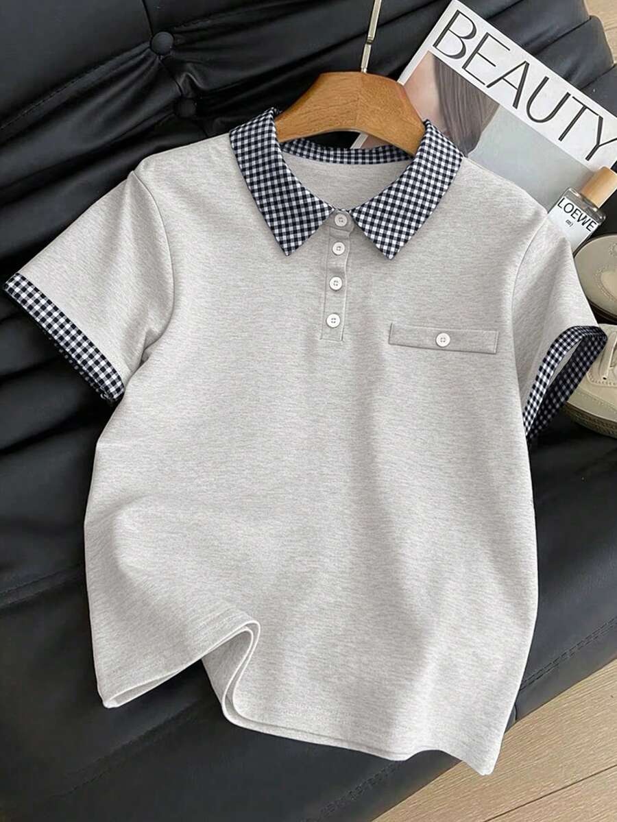 Resyla 女士撞色格纹 Polo 领假口袋短袖 T 恤 - 彩色 - 查看 1