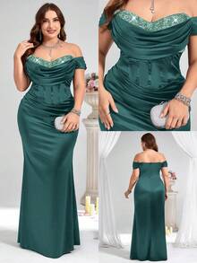 Coutiva 大码优雅亮片拼接露肩鱼尾下摆正式晚礼服 - 綠色 - 查看 3