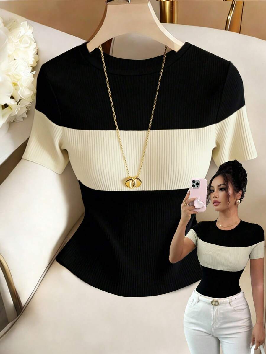 Elenzga Áo thun nữ tay ngắn cổ tròn phối màu tương phản, kiểu dáng thường ngày, chất liệu gân nổi. - Nhiều màu - Xem 1