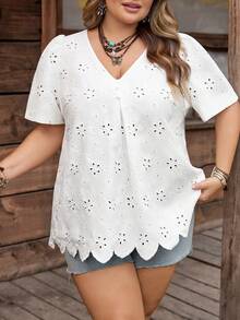 SHEIN CURVE+ Áo kiểu nữ cỡ US22, thích hợp cho lễ hội âm nhạc, kỳ nghỉ bên bờ biển, phong cách bohemian, cổ chữ V thêu họa tiết và tay cánh hoa, áo mùa hè cỡ lớn, áo trắng nữ, áo kiểu ren mùa hè, áo sơ mi nữ, áo kiểu nữ, áo ren mùa hè cho nữ. - trắng - Xem 5