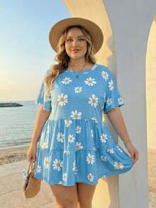 SHEIN CURVE+ Curve 尺码 US22 音乐节、海滨度假、波西米亚风女士蓝色雏菊印花宽松度假T恤 - 藍色 - 查看 3