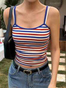 DAZY 休闲度假风彩色条纹无袖上衣，波西米亚海滩街头时尚女式背心，春夏款 - 藏蓝色 - 查看 2