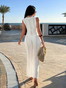 EURMUSE Crochet Hollow Out Beachwear Maxi Dress - Apricot - View 2