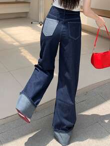 FRIFUL 女士休闲破洞阔腿牛仔裤 - 深色水洗藍 - 查看 6