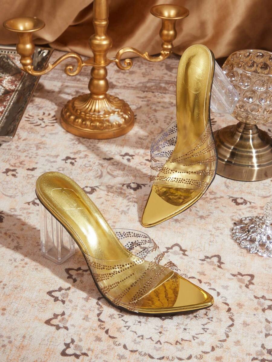 CUCCOO TILAWA Stylish And Elegant Party, Daily Women's Thick-Heeled High-Heeled Sandals, Popular Transparent Rubber Rhinestone Design In The Middle East, Comfortable And Versatile, Suitable For Matching With Various Dresses And Pants - Gold - View 1