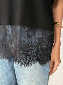 Easowa 女士黑色棉混纺T恤，优雅蕾丝下摆，短袖圆领休闲上衣，舒适黑色棉质T恤，蕾丝饰边，时尚短袖圆领上衣，别致黑色蕾丝下摆棉混纺女士宽松短袖日常上衣，情人节蕾丝饰边上衣，棉质上衣，休闲上衣，女士休闲上衣，春夏女士休闲上衣，新年派对上衣，黑色上衣 - 黑色 - 查看 8