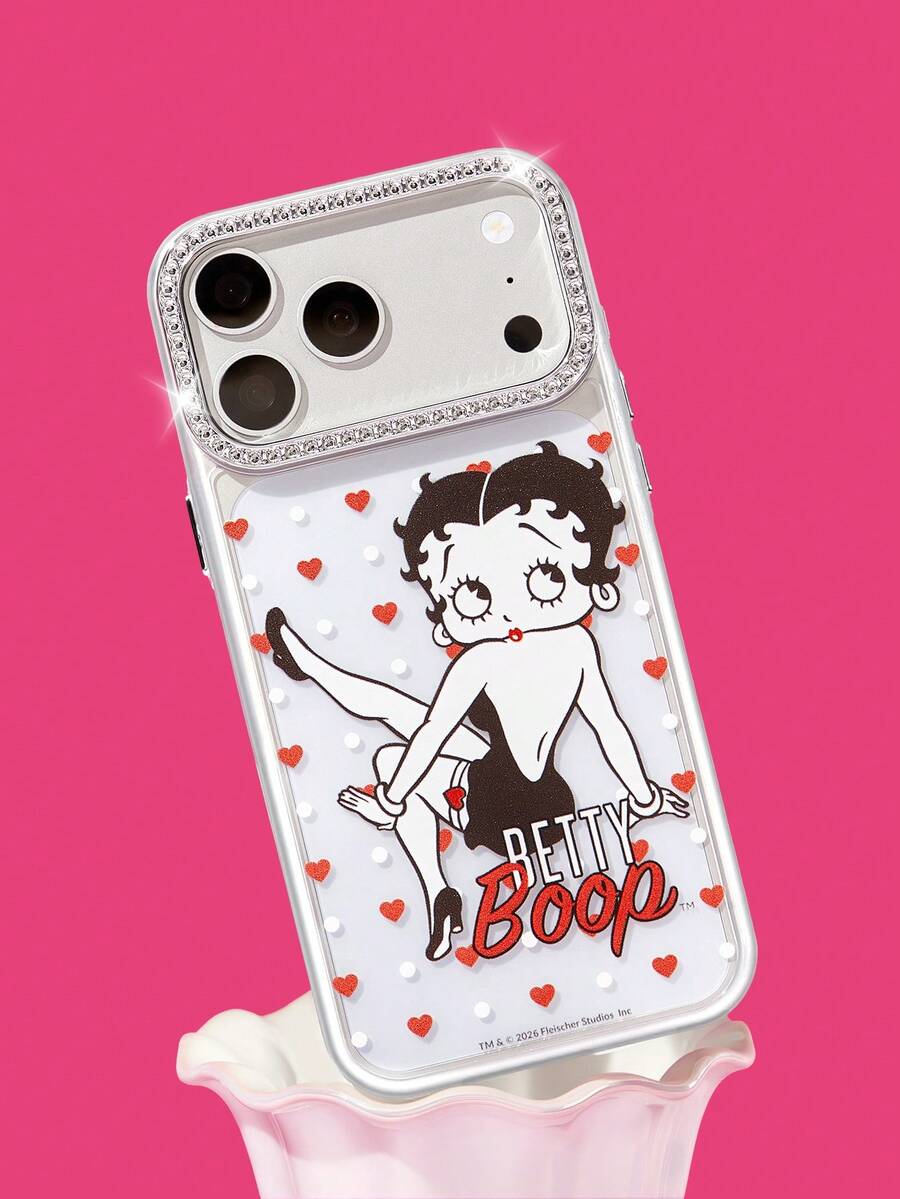 Betty Boop x SHEIN Cute Retro Be Tty Boop Transparent Glitter TPU Phone Case, Red Rose & Heart Charm Decor Shockproof Shell For IPhone - Multicolor - View 1