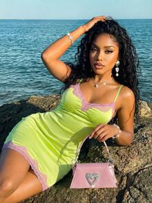 Slaydiva 春夏度假、海滨、优雅、浪漫、性感、派对、约会、生日派对、婚礼季、甜美火辣、蕾丝边撞色三角罩杯吊带A字型女士短款迷你连衣裙 - A - 綠色 - 查看 7