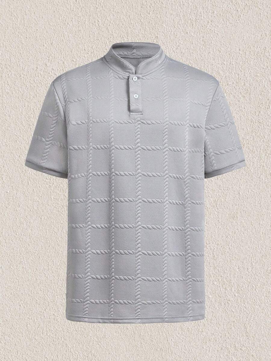 Mercer Haus Polo col montant texturé de couleur unie pour hommes, adapté pour les vacances d'été tropicales à Hawaï. - Gris - Voir 1
