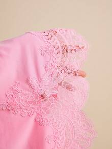 LOTSLUV Camiseta rosa holgada y casual de mujer con aplicación de encaje, para primavera/verano - Rosa - Ver 8