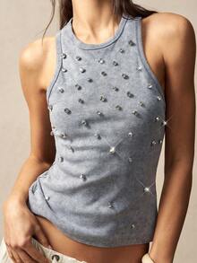 Bohemela Áo tank top dệt kim đính đá thủ công bóng bẩy phong cách Boho cho nữ - Xám - Xem 5