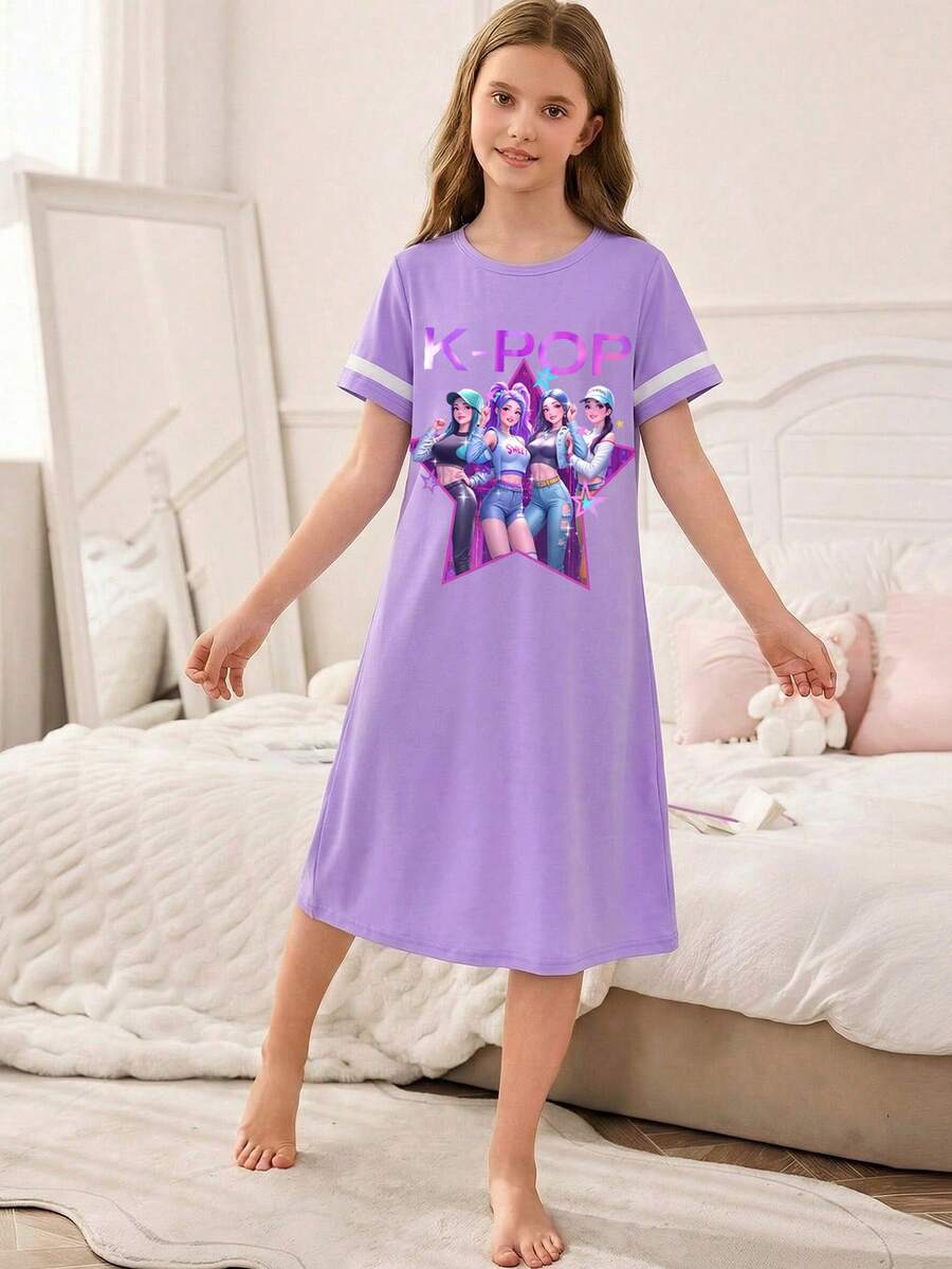 SHEIN 女童白色简约优雅纯色短袖圆领长款睡裙,舒适家居服 - 紫色 - 查看 1