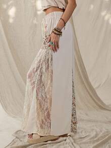 Wildy Phong cách lễ hội âm nhạc Boho, trang phục thường ngày kiểu miền Tây, chất liệu ren và hoa, phối hợp nhiều mảnh, dành cho nữ mùa xuân/hè. Quần ống rộng thoải mái, thích hợp mặc hàng ngày, đi làm, đi nghỉ mát, bộ đồ Boho cho nữ, trang phục đi biển, trang phục mùa hè cho nữ, quần áo lấy cảm hứng từ Free People. - Màu be - Xem 8