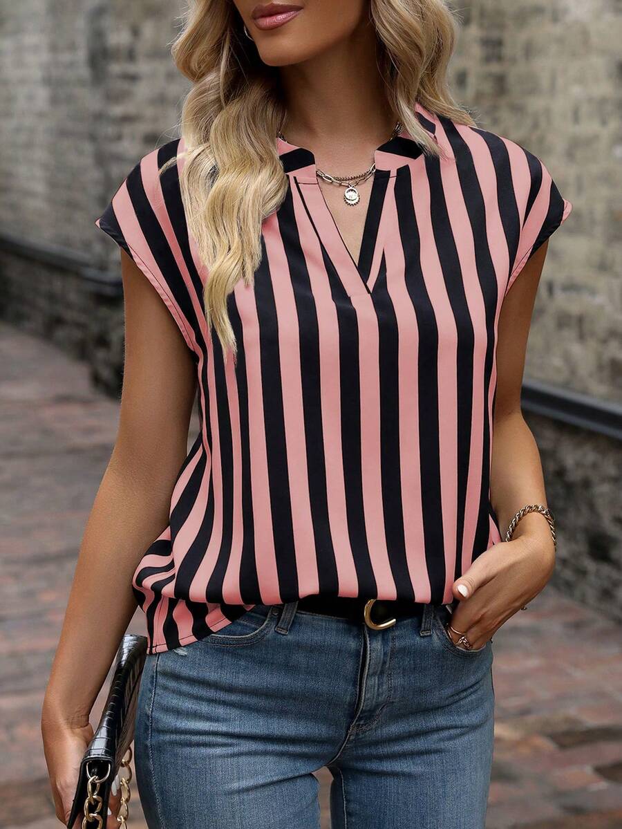 SHEIN Women's Striped V-Neck Casual Versatile Daily Wear Shirt - Pink - View 1