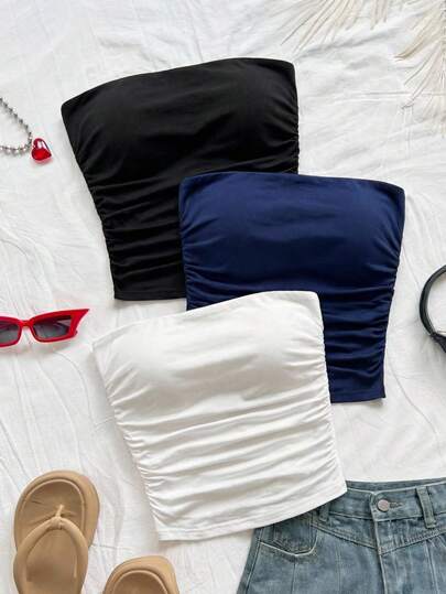 Girlism 少女纯色黑/白/蓝褶皱短款吊带背心