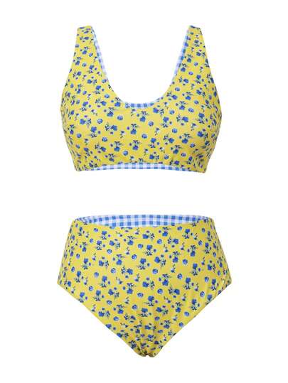 Swim Mod Plus Size Tropical Print Reversible Floral Bikini, Sweet & Fashionable Beach Swimwear