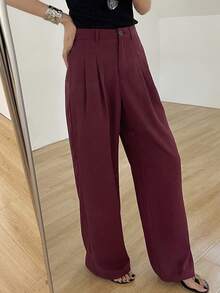 DAZY Pantalones casuales y versátiles de uso diario con pliegues de unicolor para mujer - Rojo violeta - Ver 4