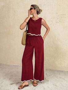 SHEIN Frenchy 女士弧形下摆圆领背心和裤子两件套 - 酒紅色 - 查看 3