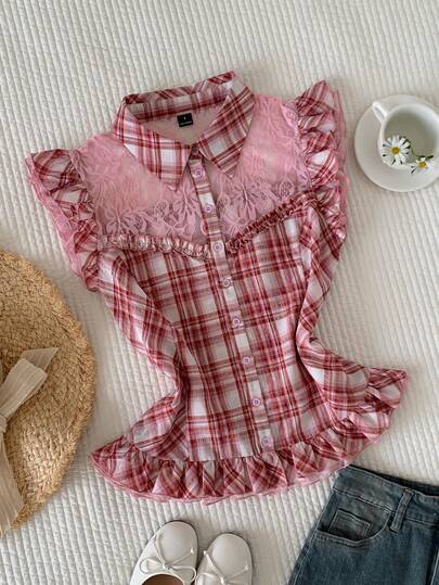 Comfortcana Women's Short Cap Sleeve Single-Breasted Plaid & Lace Patchwork Blouse Ruffle Shirt Cute Blouses Plaid Top