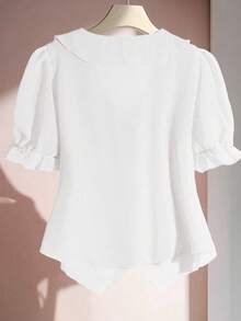 SHEIN Clasi Blusa a maniche corte con volant e colore tinta unita, taglie comode, adatta per uscire, blusa bianca con volant, camicia da donna bianca, camicia da insegnante - Bianco - Visualizzare 2