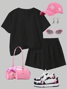 SHEIN 2 件套休闲宽松圆领短袖 T 恤和短裤套装，适合青少年女孩，适合春夏季 - 彩色 - 查看 2