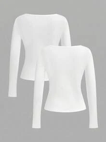 Tseoso 97%纯棉女士亨利领两件套，纽扣长袖T恤，白色 - 白色 - 查看 3