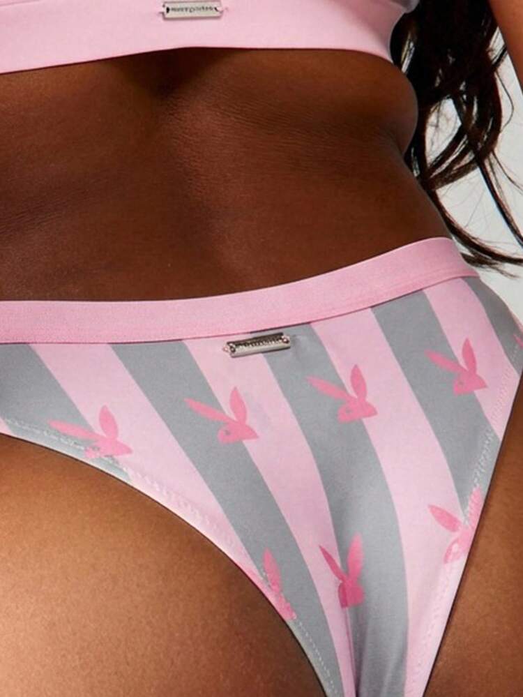 Missguided x Playboy Logo Striped Cheeky Thong Underwear For Women Bunny Print Pink Grey Intimate Lingerie