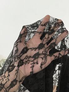 Lounesse 大码女式圆领蕾丝系带露背休闲性感上衣 - 黑色 - 查看 6