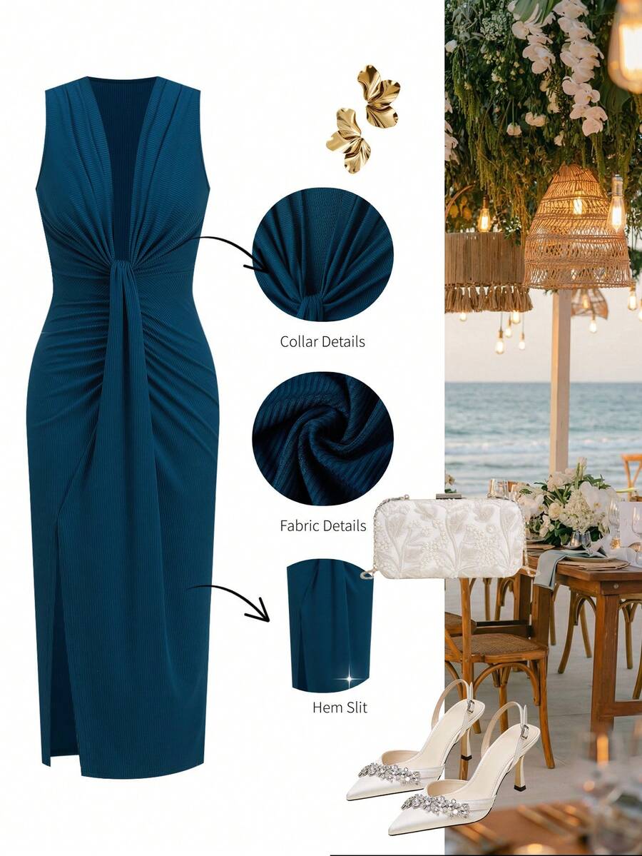 Ellevyn Low Neck Ruched Fitted Elegant Dress - Blue - View 1