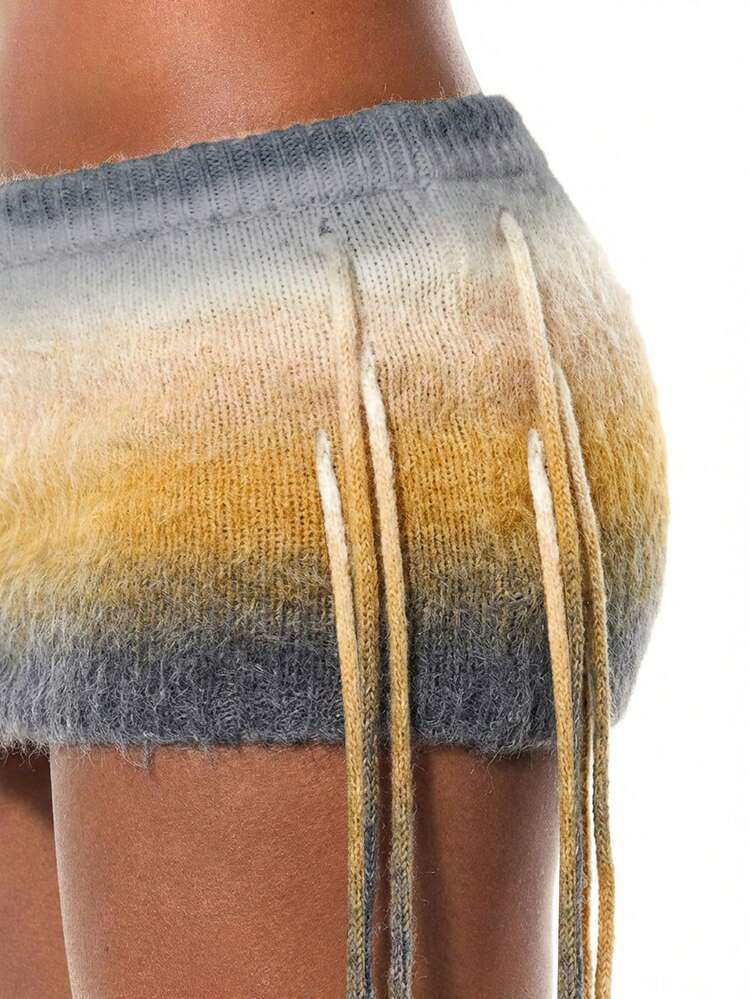 SUMWON Knitted Gradient Ombre Mini Skirt With Side Tie Fringe Details Fall Winter Bohemian Casual