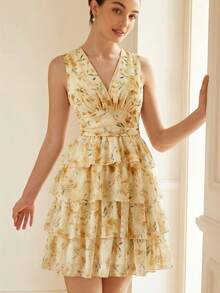 BELROSIE French Retro Elegant V-Neck Sleeveless Ruched Waist Multilayer Ruffled Contrast Color Floral Print Chiffon Mini Dress For Women - Yellow - View 5