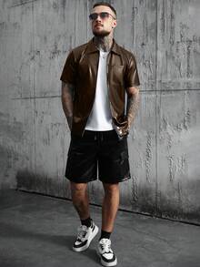 SLATEMANN Men's Loose Fit PU Leather Front Zip Short Sleeve Brown Shirt, Streetwear - Brown - View 4