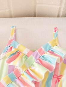 SHEIN Playful Pals 2件套女婴外出服，春夏休闲可爱风，蝴蝶结印花无袖吊带上衣和蝴蝶结装饰短牛仔裤 - 粉色 - 查看 8